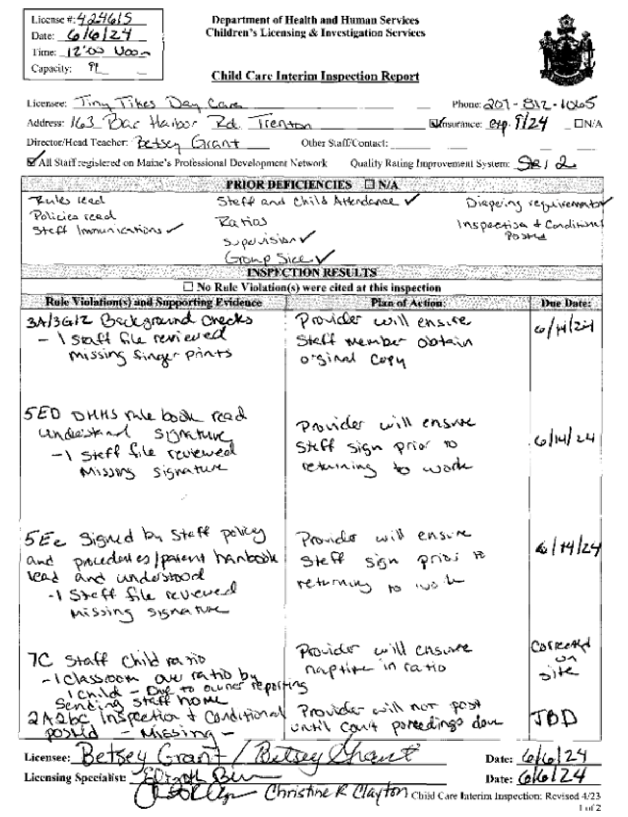 the first page of the inspection report for Tiny Tikes.